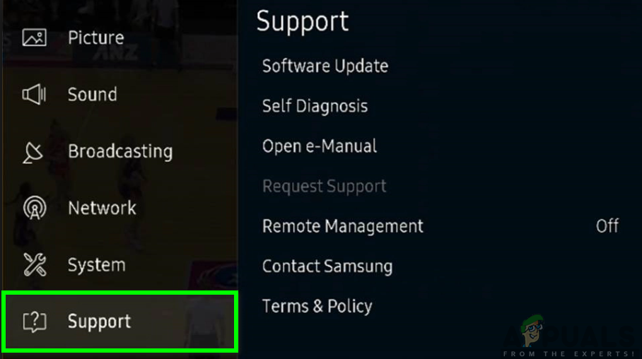 Haga clic en la opción Soporte (Samsung pantalla negra)