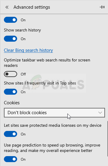 No bloquee las cookies en Microsoft Edge