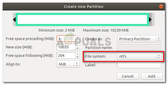 Cree una nueva partición NTFS y haga clic en Agregar