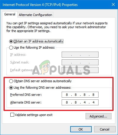 Elija Usar las siguientes direcciones de servidor DNS y escriba las direcciones