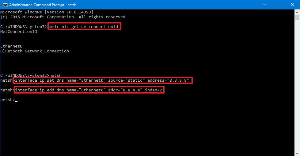 Escriba la interfaz ip set dns name="ADAPTER-NAME" source="static" address="XXXX command